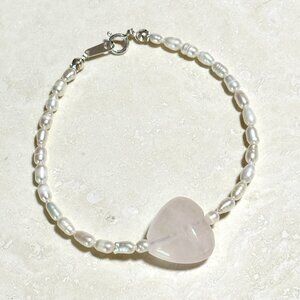 2/$20, Genuine Rose Quartz Stone Heart & White Freshwater Pearl Beaded Bracelet